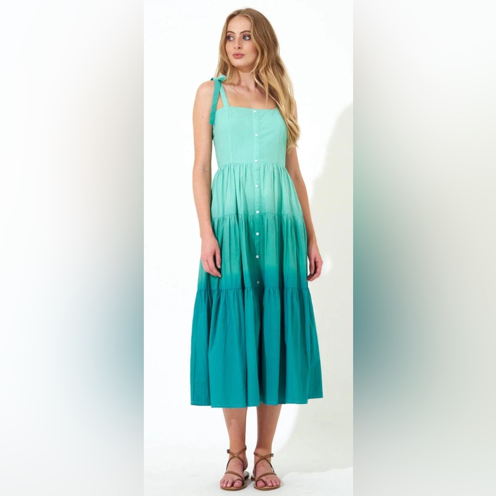 Oliphant Tie Strap Button Midi Dress in Ombre Green